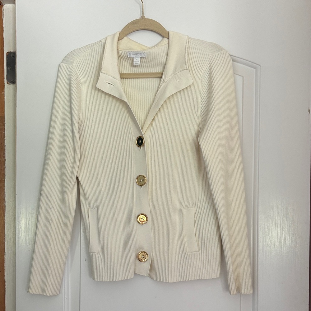 Charter Club Ivory Ribbed Button Jacket